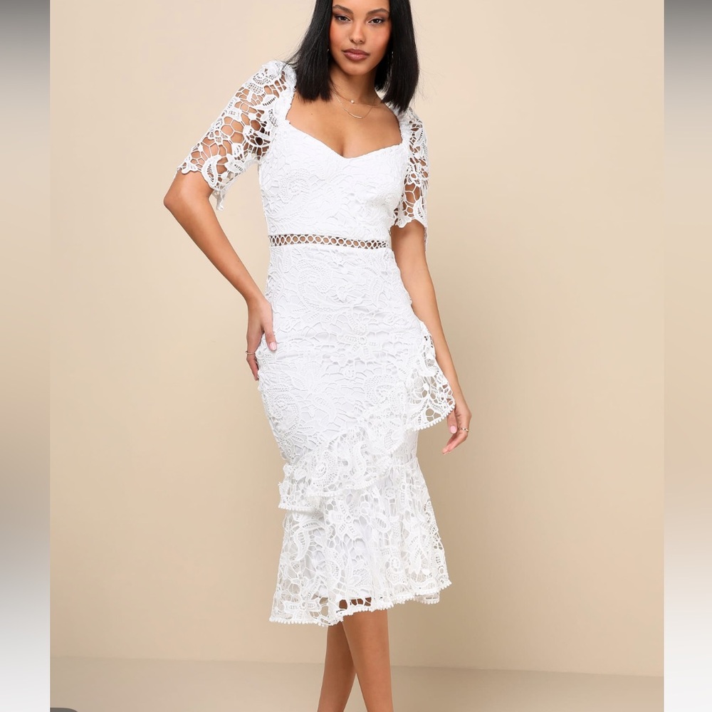 Lulus Briarwood White Lace Ruffled Midi Dress size L